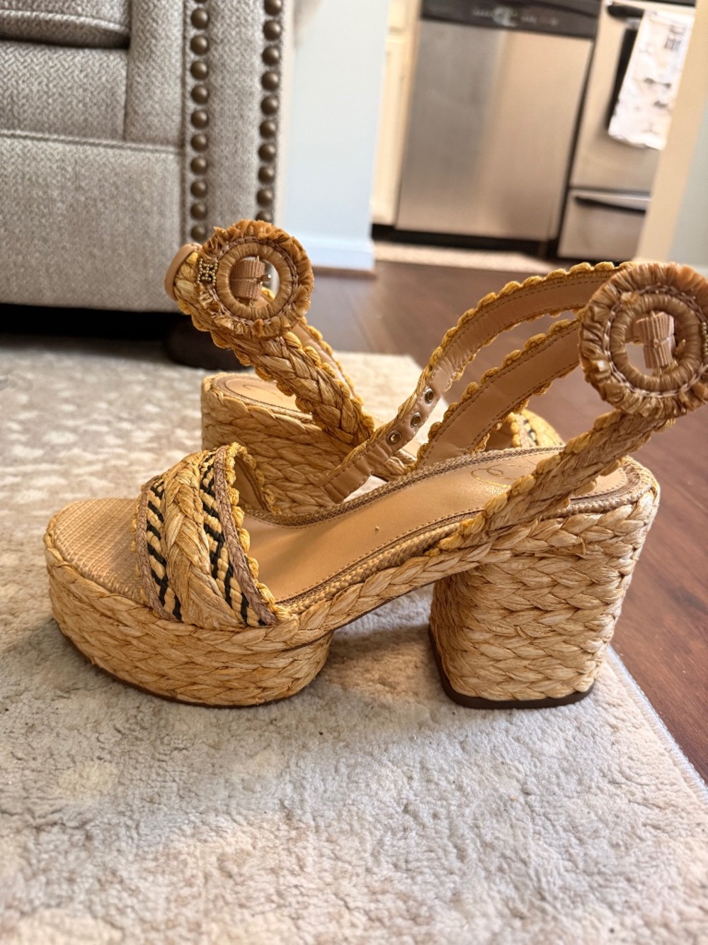 Sam Edelman Raffia Texture Block Chunky Heels 7.5